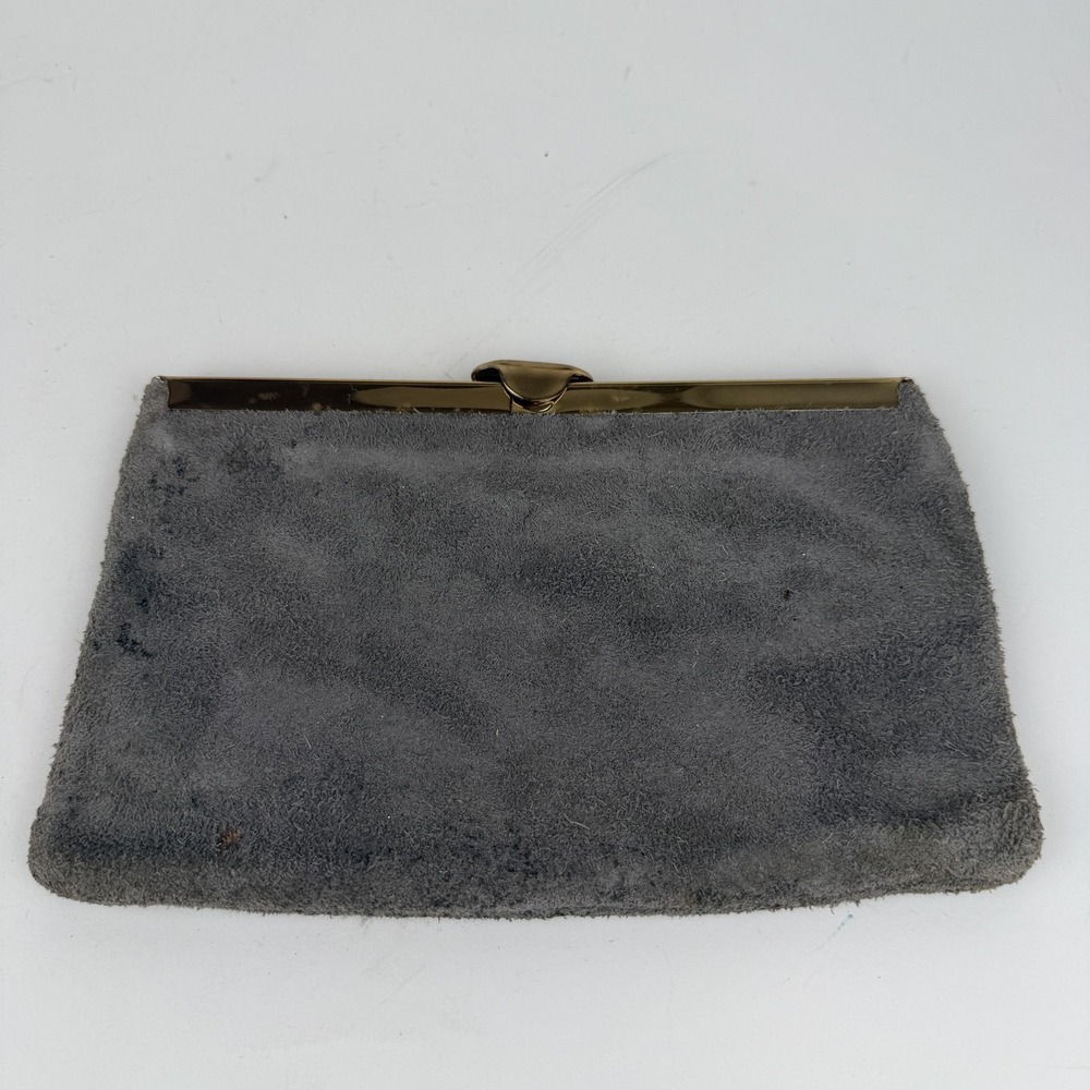 Vintage Etra Clutch Womens Small Gray Suede Evening Bag‎ Gold Tone Frame Chain